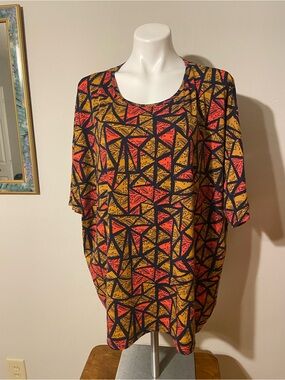 LuLaRoe Irma Multicolor Leaf Print Top - Black, Coral & Mustard